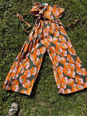AAKAA Floral Off-Shoulder Wide-Leg Jumpsuit — Orange Floral NWT! Quiet Storm